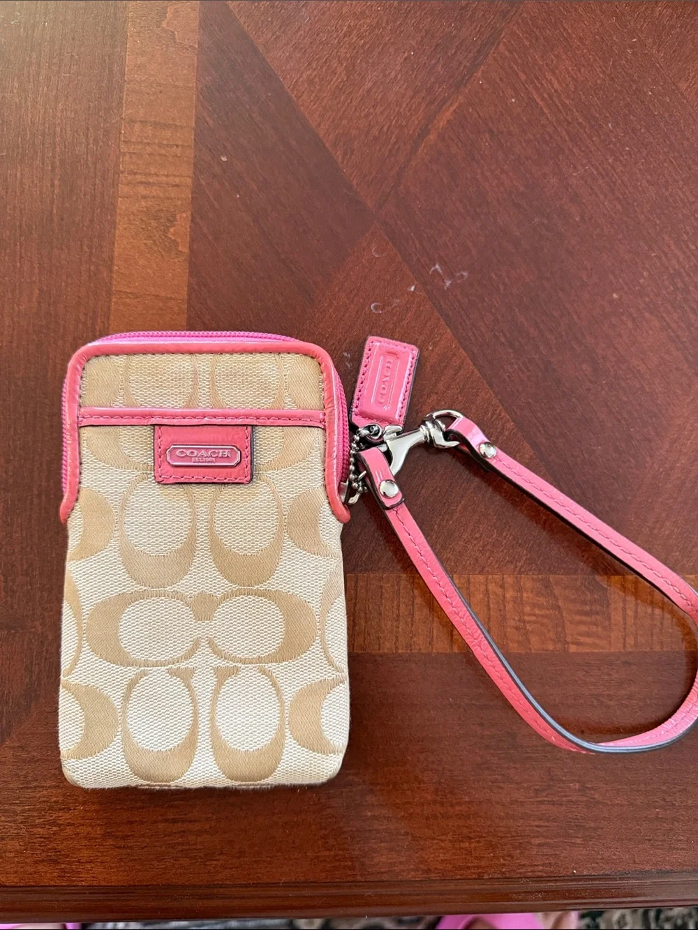 Coach Signature Canvas Camera Pouch Wristlet with Pink Trim